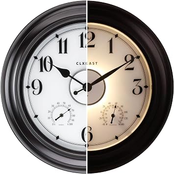 CLXEAST 24 Inch LED Self-Illuminated Outdoor Metal Clocks Waterproof, Large Lighted Outdoor Clock with Temperature and Humidity,Oil Rubbed Bronze Black,Spring Garden Decor