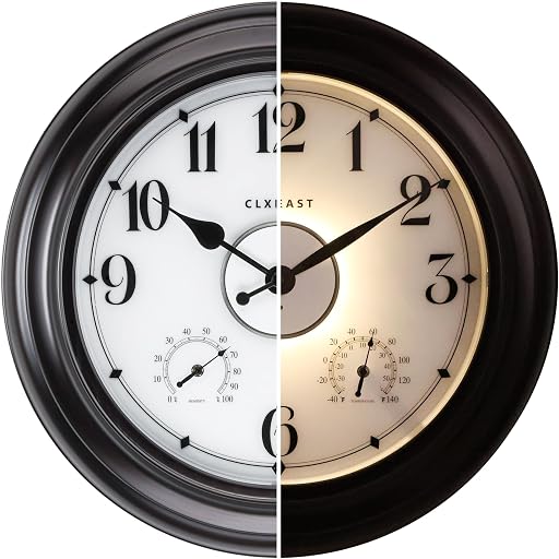 24 Inch Large Illuminated Outdoor Clocks Waterproof,IP65 Rating | Built In Adjustable Thermometer & Hygrometer, Bronze Black Metal, Weatherproof & Easy to Read for Patio, Pool & Home Decor