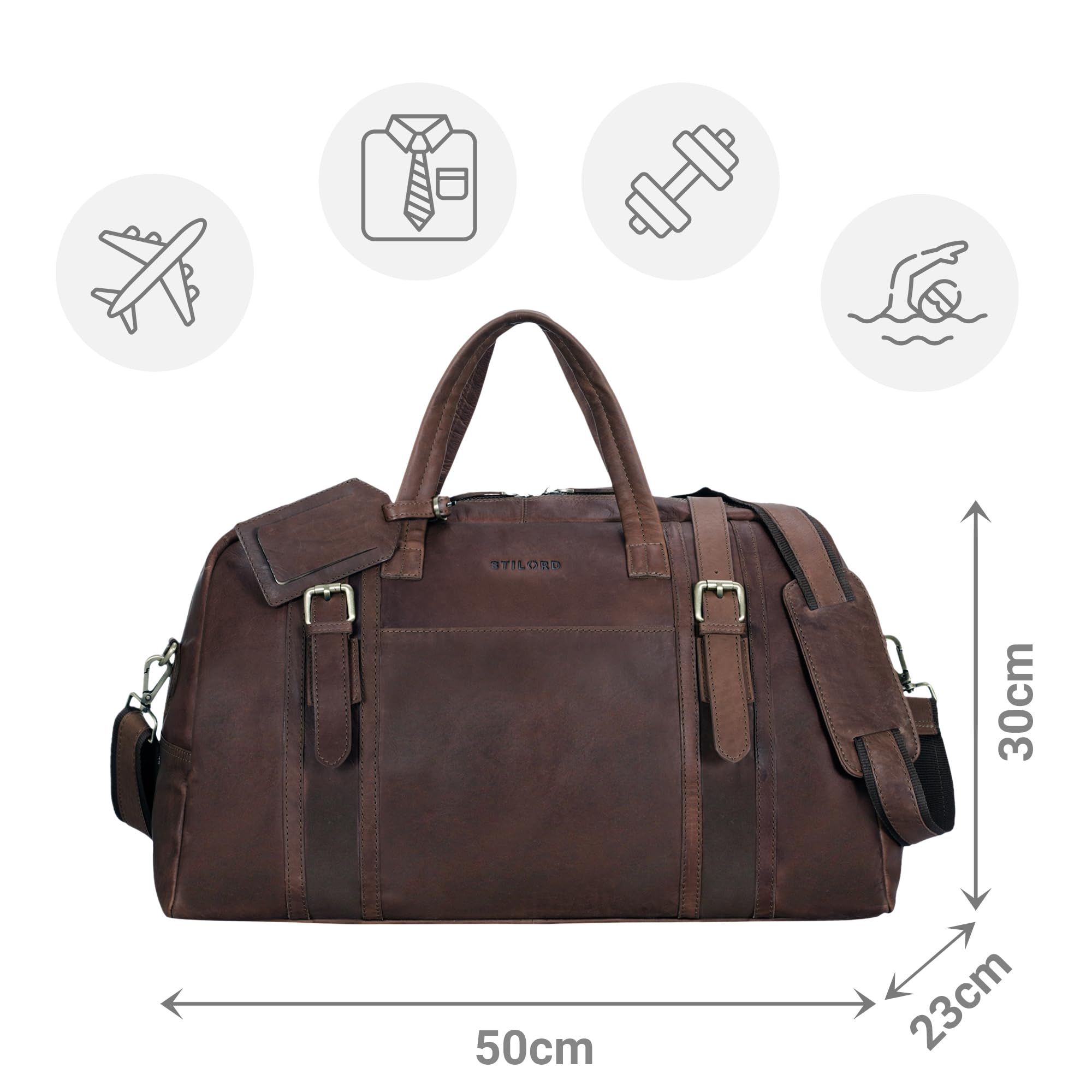 STILORD Vega Vintage Bolsa Viaje Piel Marrón Pequeño Bolso de Viaje Cuero Genuino Bolsa Fin de Semana Mujer Hombre Deporte Duffle Bag con Asa y Bandolera 34 L, 50x23x30
