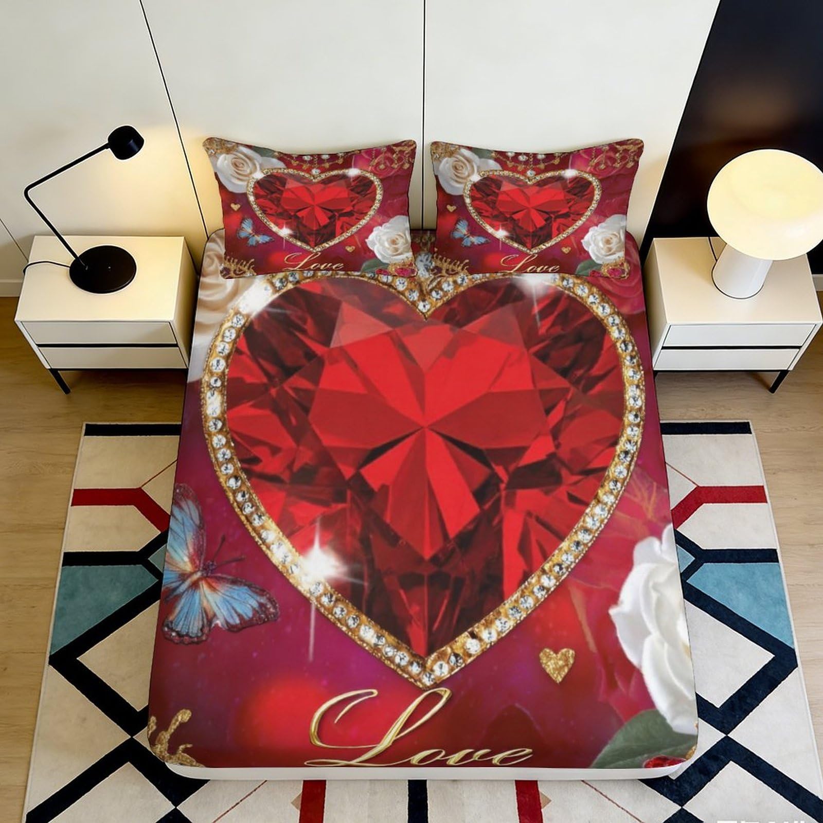 3D Printed Red Diamond Heart Fitted Sheet Microfiber Soft Romantic Love Bed Cover for Bedroom Dorm Guest Room Decor 90x200x25cm