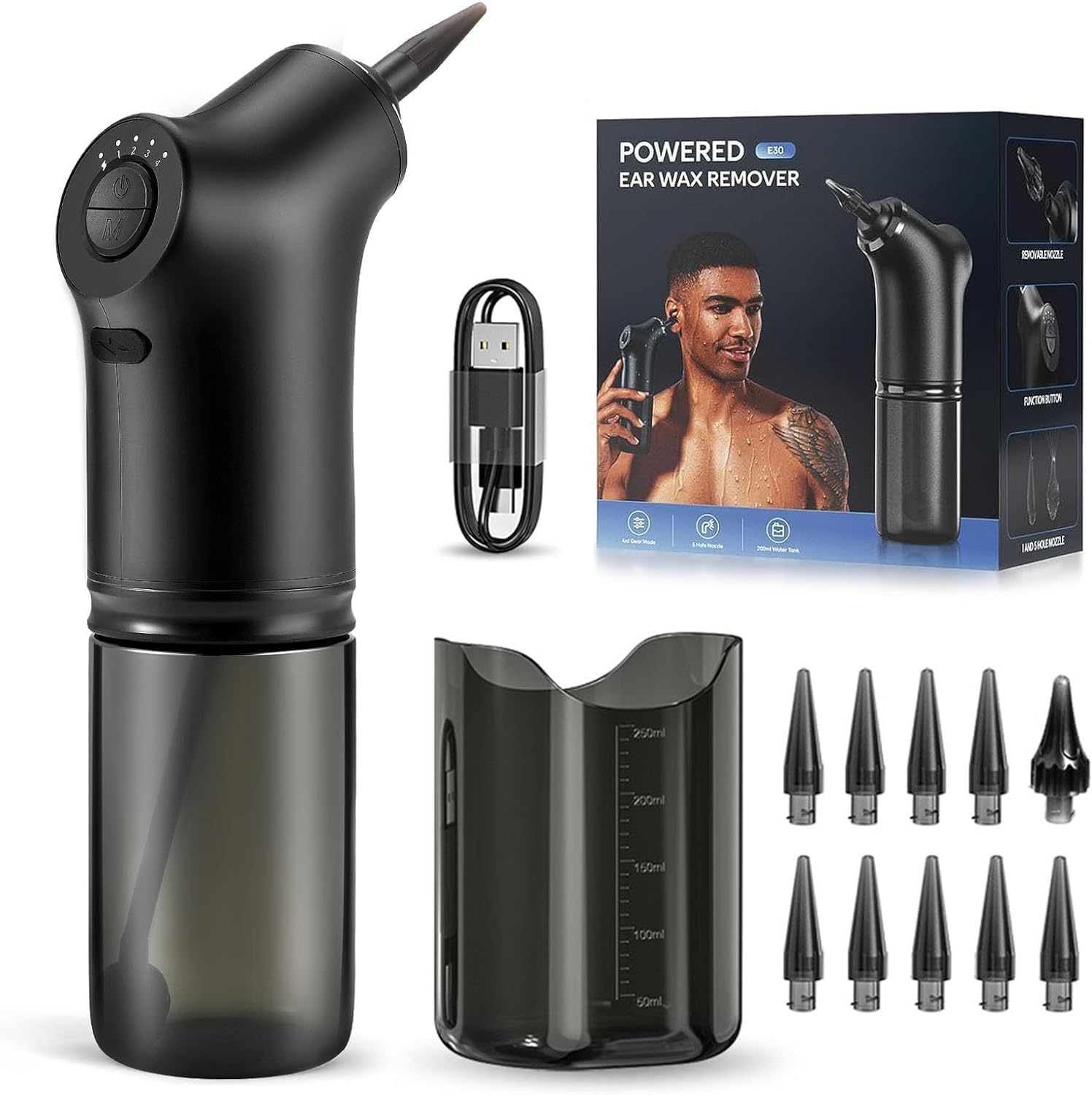 uxenEar Wax Removal Kit - Electric Water Powered Ear Cleaner Tool for Adults & Kids, Home Use - 4 Cleaning Modes, 10 Disposable Tips