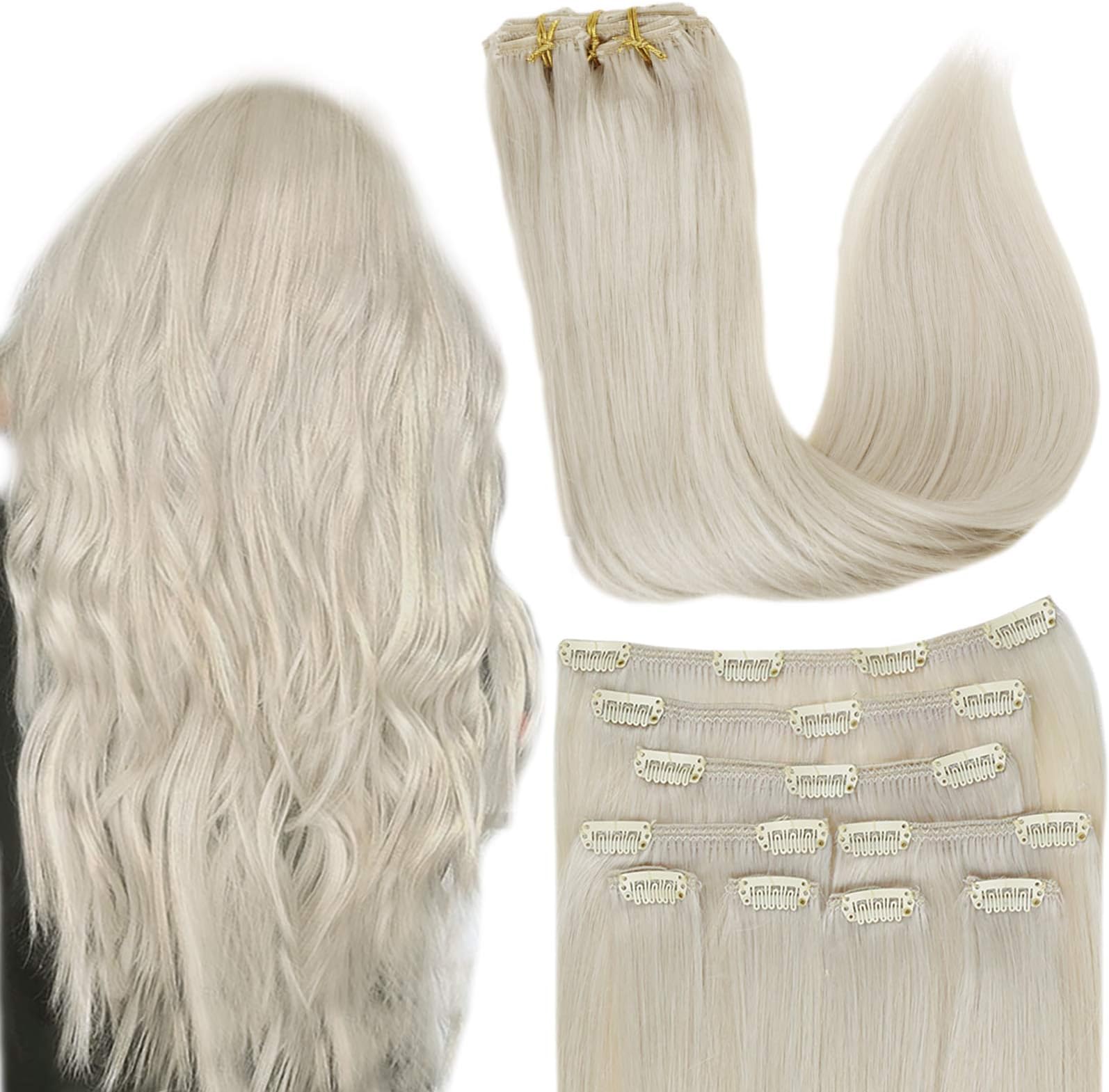 RUNATURE Clip in Hair (14 Inch,Color 800 White Blonde,9pcs,100g) Remy Clips Hair Weave Clip in Hair Extensions Double Weft for a Full Head