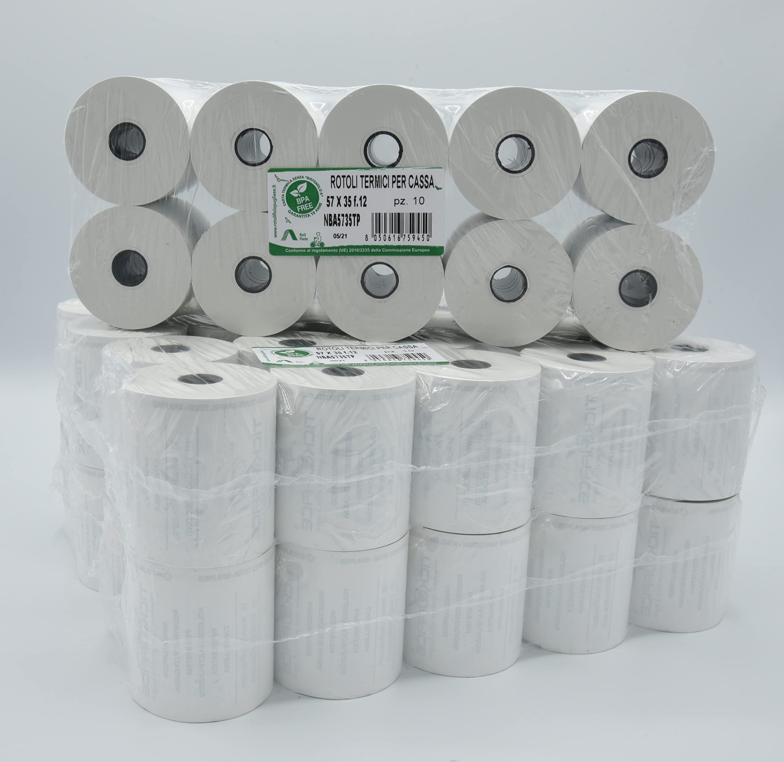 rotoli per registratori di cassa RT telematici 57mm x 35 metri foro 12mm 57x35x12 carta termica omologata BPA FREE (50)