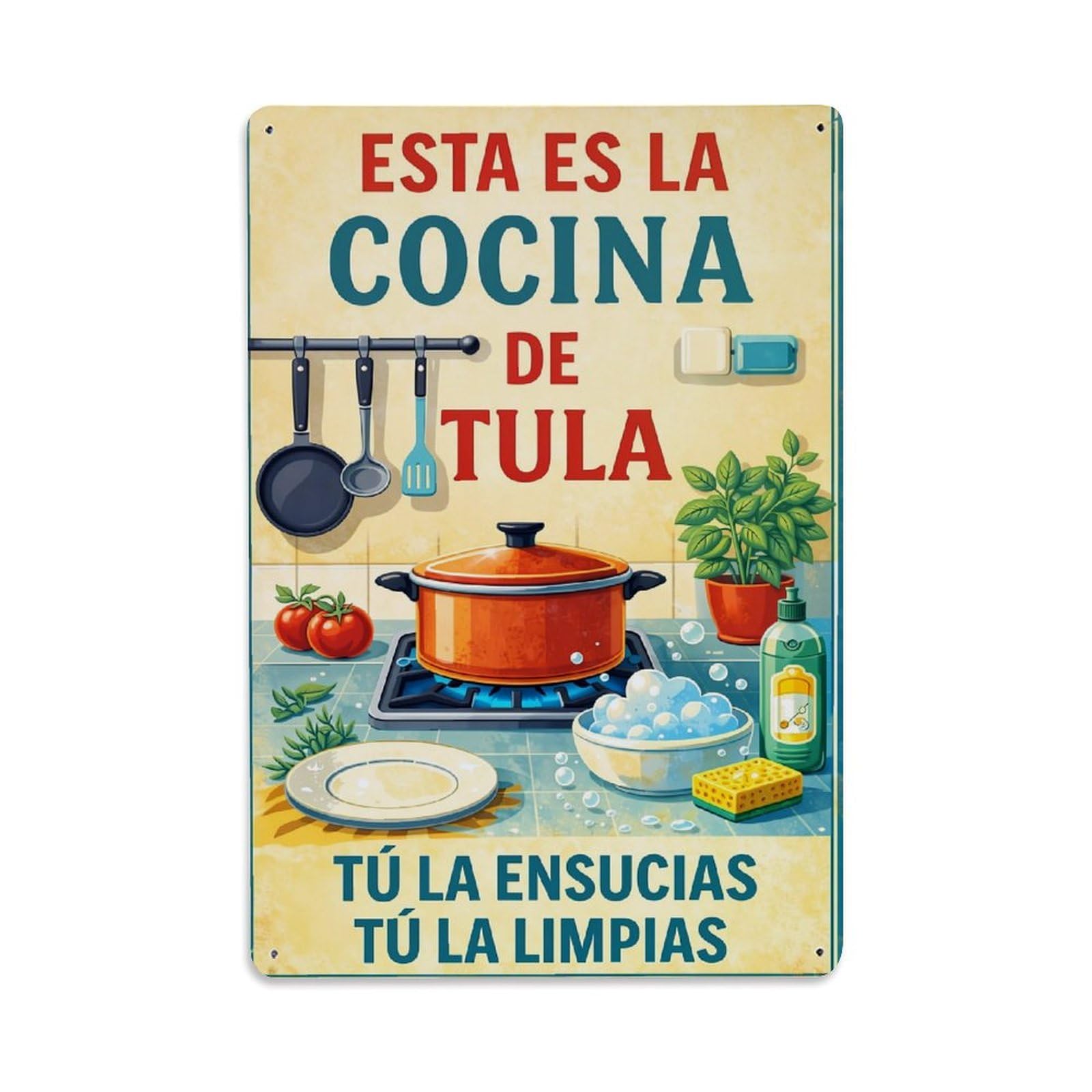 Jdfenggu Vintage Kitchen Scene Illustration Print Retro Metal Tin Sign, Metal Poster For Bar, Home, Man Cave, Kitchen, Laundry Room Art Decor 8X12 Inch