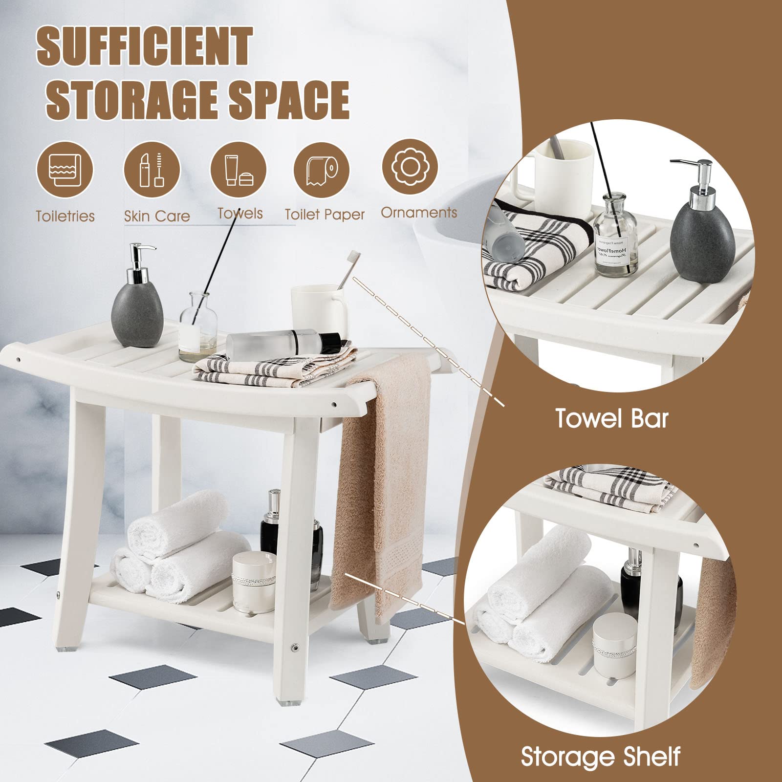 LIFEZEAL Tabouret de Salle de Bain à 2 Niveaux, Banc de Douche Solide en HDPE Jusqu’à 150 kg, Tabouret de Douche avec étagère de Rangement pour Adultes, Seniors, Blanc (60,5 x 34 x 48 cm)
