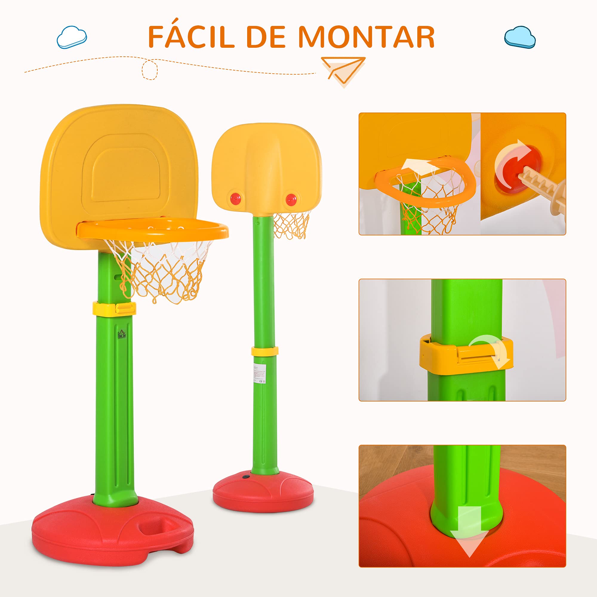 HOMCOM Canasta de Baloncesto Infantil con Altura Ajustable 2 Pelotas y Bomba de Aire para Niños +3 Años Juguetes Deportivos en Interiores y Exteriores 52,5x44x120-160 cm Multicolor