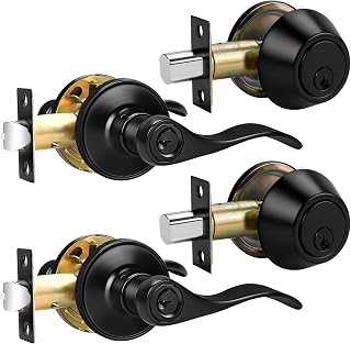 Probrico Front Door Handle and Double Cylinder Deadbolt Set, Black Exterior Door Handle with Deadbolt Lockset,Wave Reversible Door Lever Locks with Deadbolt Set, Keyed Alike 2Pack