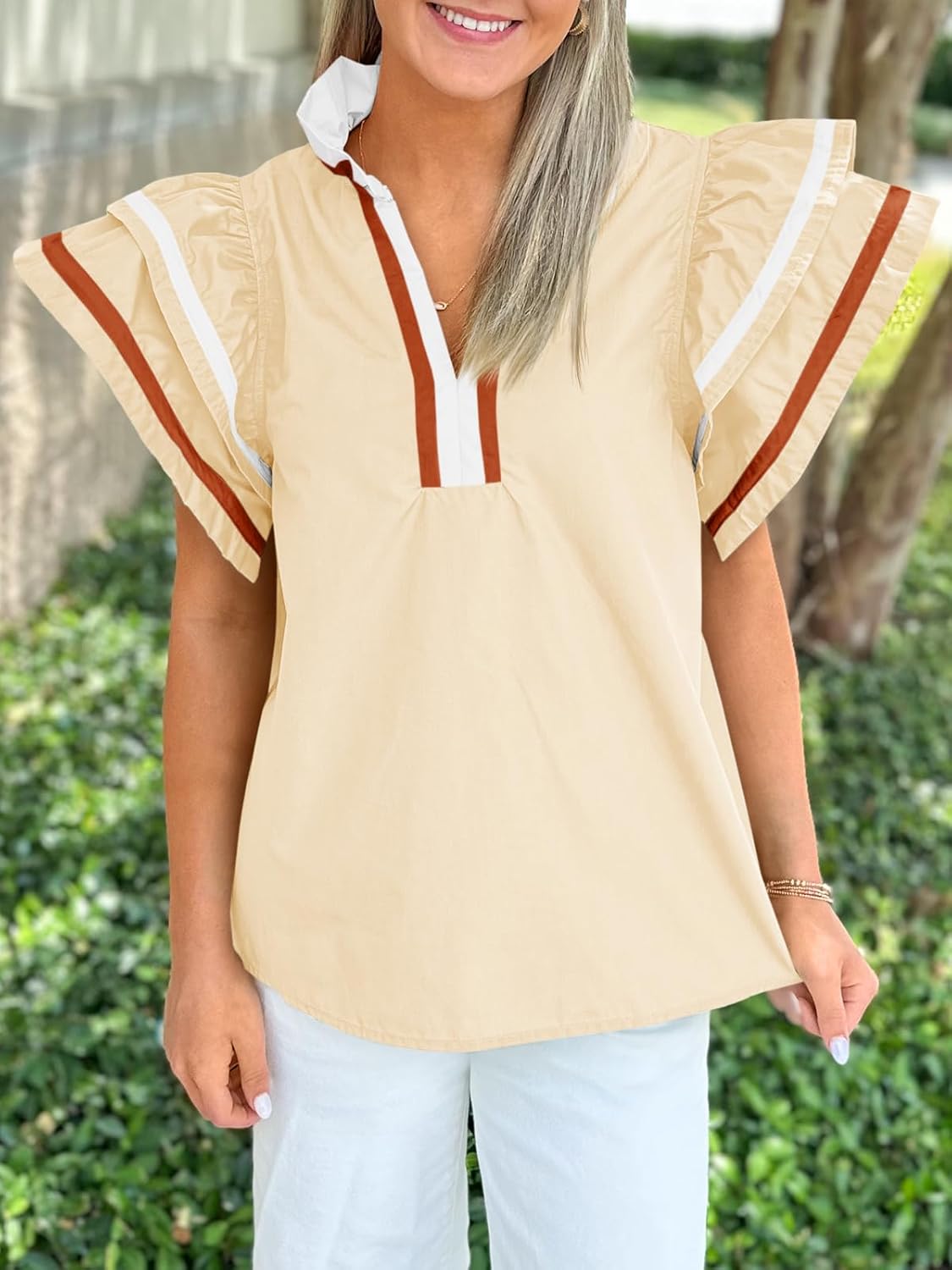 Cicy Bell Womens Ruffle Cap Sleeve Tops Color Block V Neck Dressy Casual Blouses Summer Pleated Loose Fit Shirts - Image 4