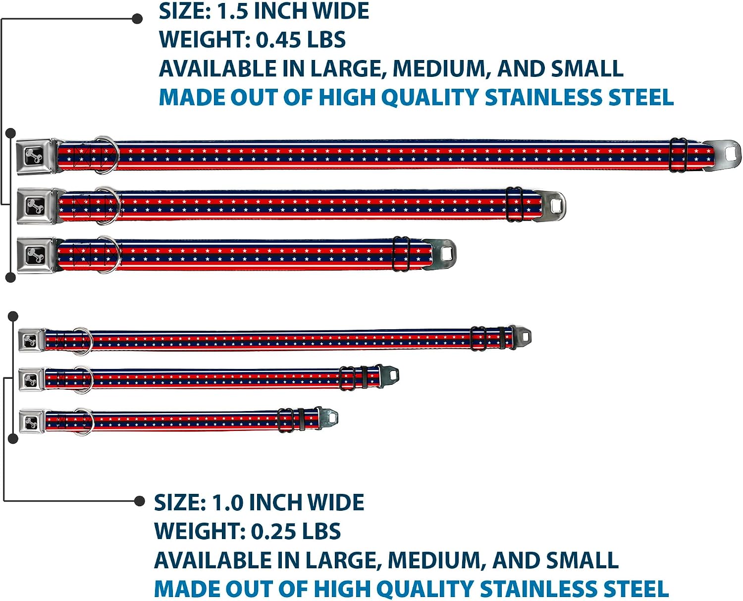 Buckle-Down Dog Collar Seatbelt Buckle Americana Stripe Stars2 Blue Red White 9 to 15 Inches-Small 1.0 Inch Wide, Multicolor