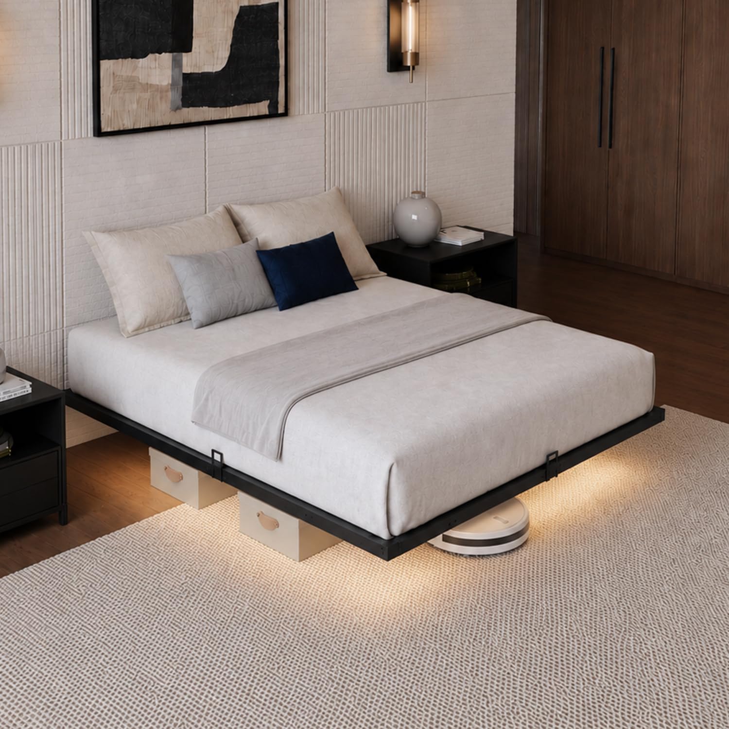 Avenco Floating Platform Bed Frame Full Size – Modern Metal Floating Design with LED Ambient Lighting, Noise-Reducing Structure, Easy Assembly, No Box Spring Needed