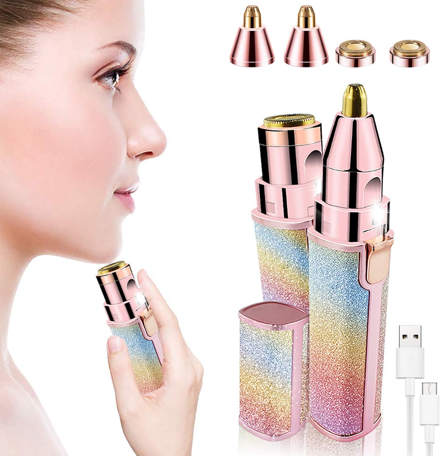 2 in 1 Eyebrow Trimmer & Facial Hair Remover for Women, Rechargeable Eyebrow Razor and Painless Hair Removal, Hair Trimmer and Body Shaver for Lips Nose Face with Two Replacement Heads & LED Light