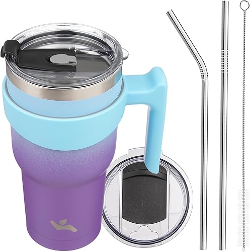 Miniatura 37 de Vaso de 30 onzas con asa y 2 pajitas, 2 tapas, botella de agua aislada de acero inoxidable con vacío, taza de viaje reutilizable, color lavanda
