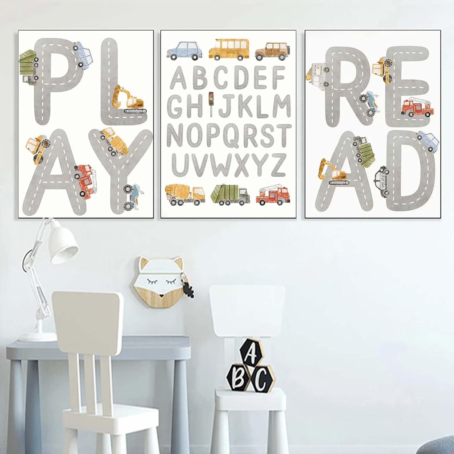 Recrtain Playroom Wall Art Kids Cartoon Alphabet Wall Art Canvas Painting Read and Play Nursery Wall Pictures, Nordic Art Prints Nursery Posters Baby Boy Room Decor Unframed (Alphabet, 16.00" x 24.00", Unframed)