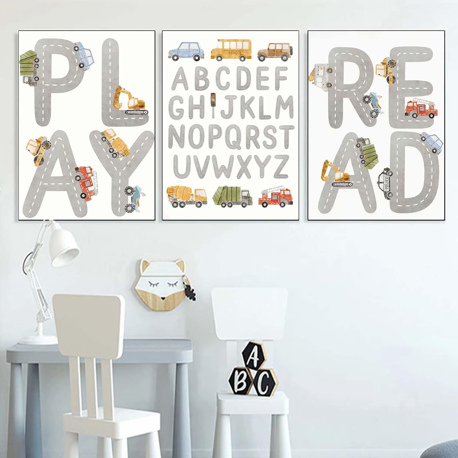 Recrtain Playroom Wall Art Kids Cartoon Alphabet Wall Art Canvas Painting Read and Play Nursery Wall Pictures, Nordic Art Prints Nursery Posters Baby