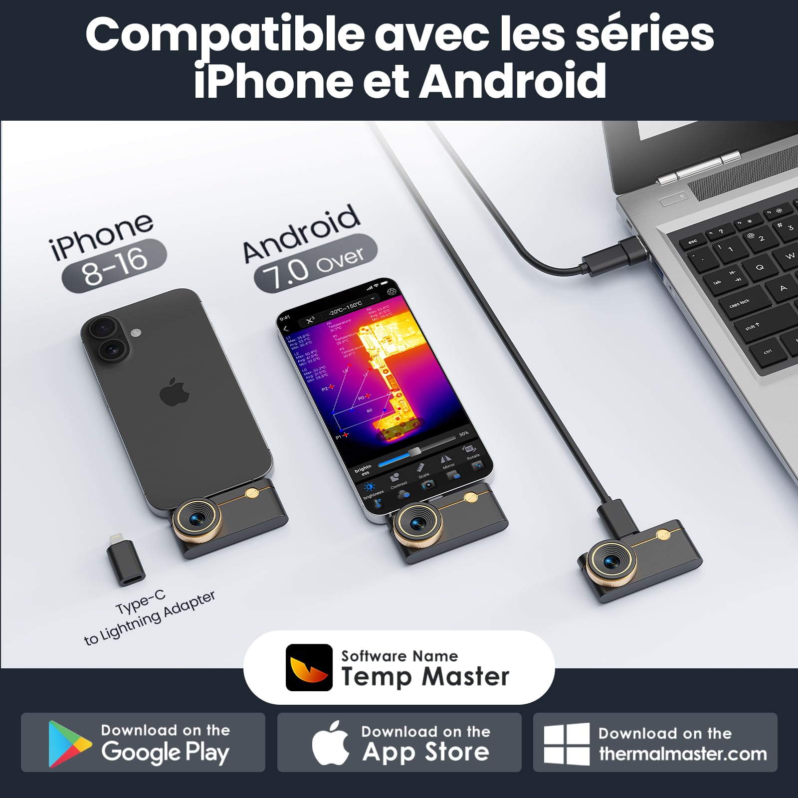 Caméra thermique Thermal Master P3 Caméra infrarouge pour iPhone 15/16 et Android Caméra Focus réglable X³ IR Résolution 512x384, -20℃-600℃ Inspection PCB 35mK