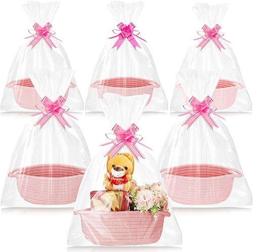 Wesiti Cesta de regalo vacía de 6 piezas con 10 bolsas retráctiles y 12 lazos, cesta tejida con asas, cesta de cuerda para almacenamiento de bodas,