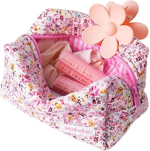 Bolsa organizadora de maquillaje floral, bolsa de cosméticos de coqueta, bolsa de gran capacidad, elegante bolsa acolchada para artículos de tocador