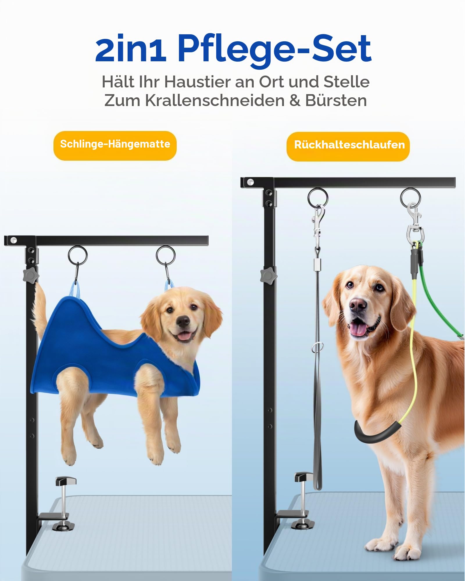 Hundepflege-Halterung für den Tisch - Fellpflegearm für Hunde – Höhenverstellbar 66-102 cm – Inkl. Pflege-Hängematte & Anti-Sitz-Gurt – Stabiler Trimmarm für Hundepflege, Baden & Scheren