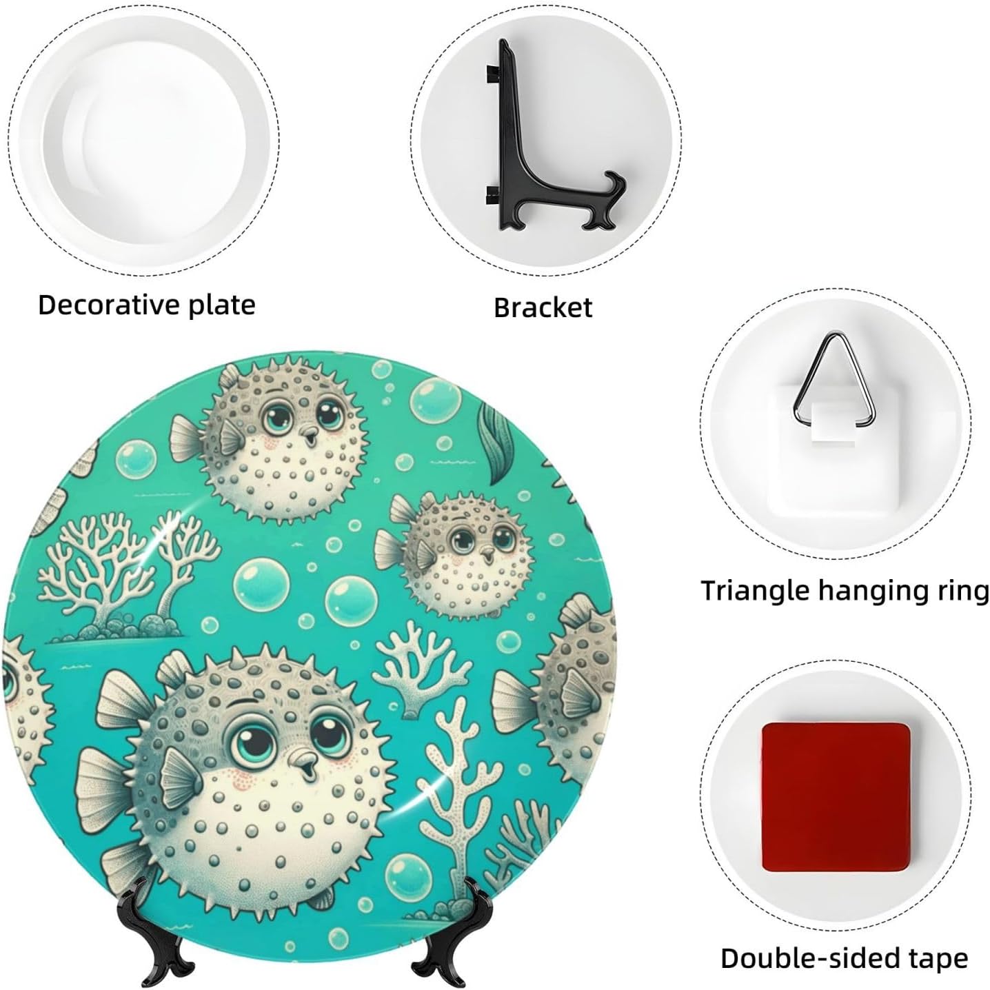 Puffer-Fish-Sea 10 Inch Decorative Plate With Stand, Elegant Display Wall Plate For Home Decor