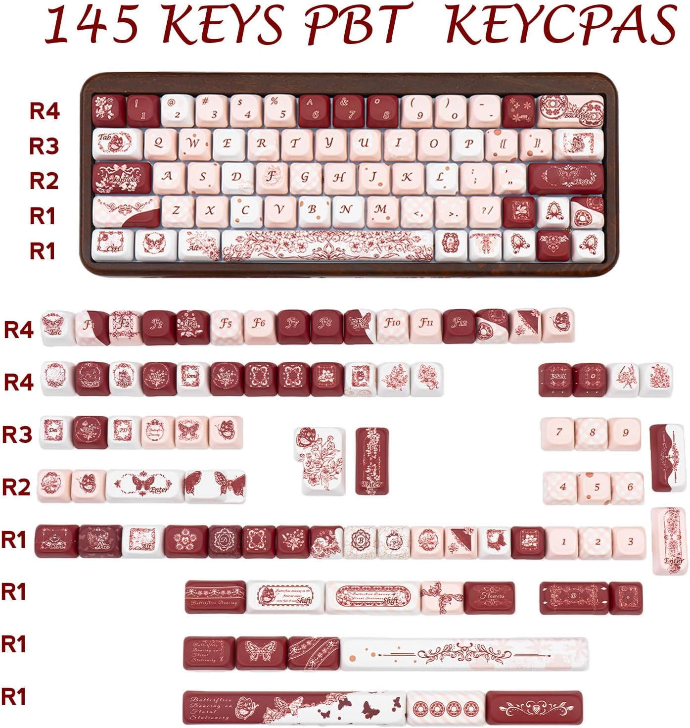 Cute PBT Keycap Set - FOA Profile, 5 Side Dye Sublimation, Red and White Butterfly Custom Key Caps for Mechanical Gaming Keyboard, 145 Keys