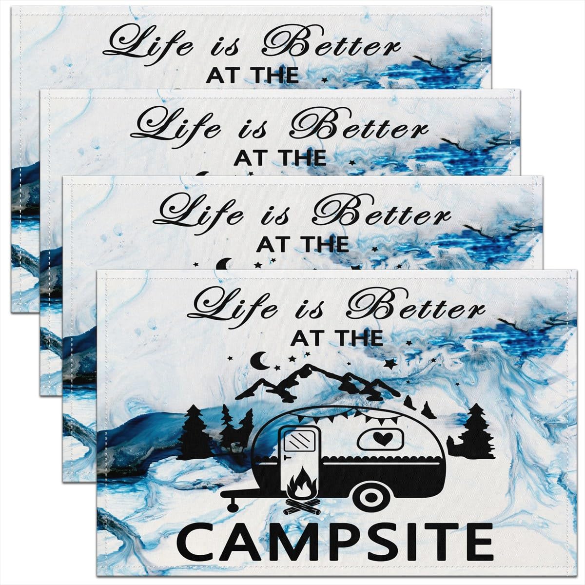 Camper Placemat for Kitchen Dining Table Indoor Outdoor,Happy Camping Placemats Set of 4 Blue Marble Retro Watercolor Table Place Mats, Microfiber Cartoon Camping Car Table Mat 45x30cm