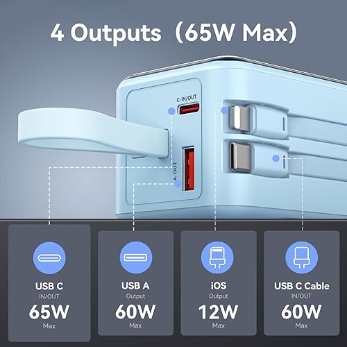 Miniatura 7 de Cargador portátil de carga rápida, 18400 mAh, 65 W, pantalla LED, batería esencial de viaje con cables USB-C y Lightning integrados para iPhone