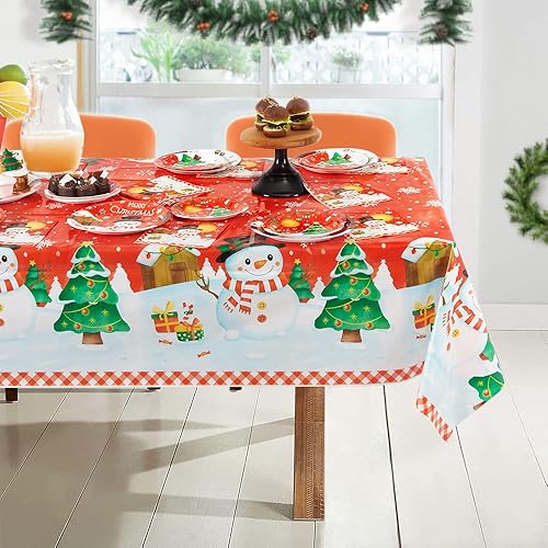 Miniatura 5 de Manteles de Navidad de plástico, 1 paquete de manteles rectangulares de plástico desechables de 54 x 108 pulgadas, para Navidad, vacaciones, cena