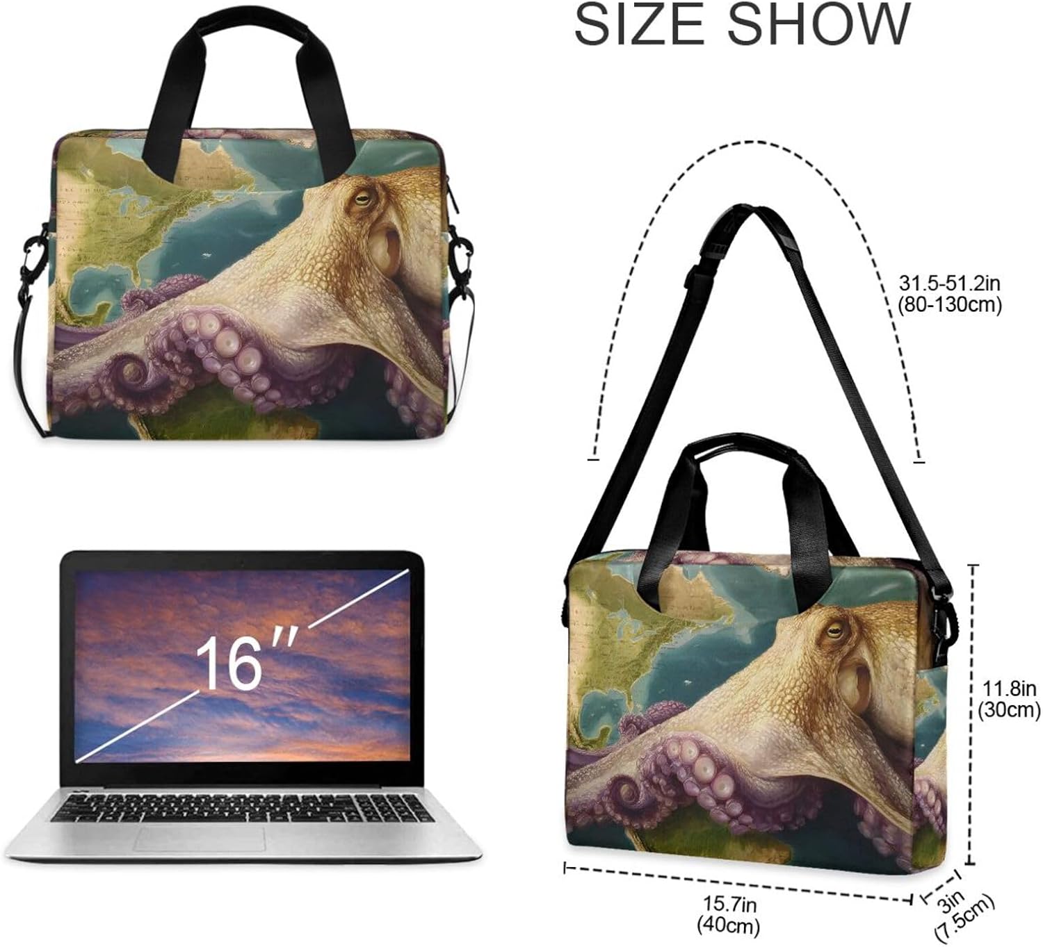 Octopus Map Print Laptop Shoulder Bag Sleeve Case with Multi-Pockets Messenger Bag Briefcase Fits 13-16 in Laptops Tablets