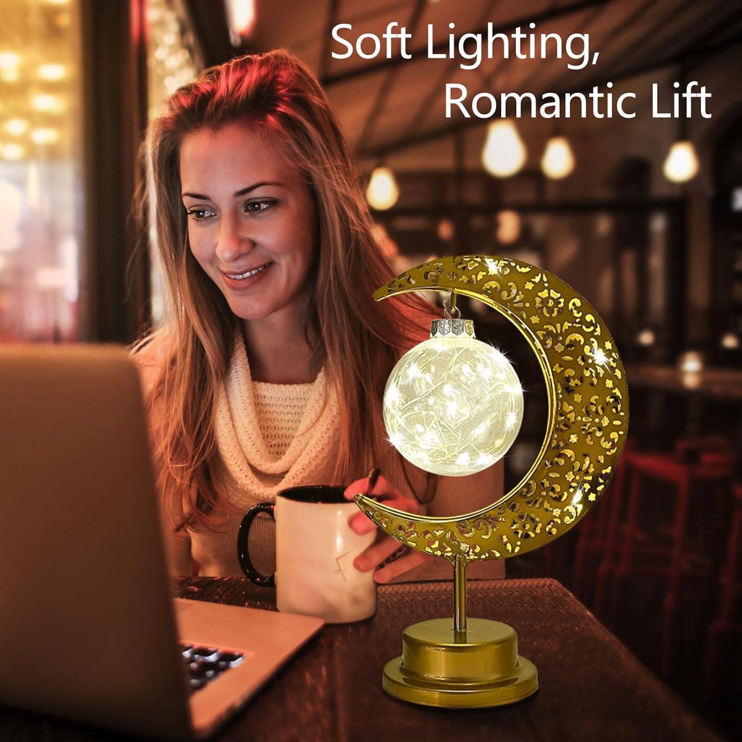 Decorative Table Lamp, Crescent Moon Lamp Ramadan Table Decor, Battery Powered Christmas Ramadan Desk Lamp Decorations for Home, Patterned Hollow Out Warm Boho Light for Bedrooms Nightstand