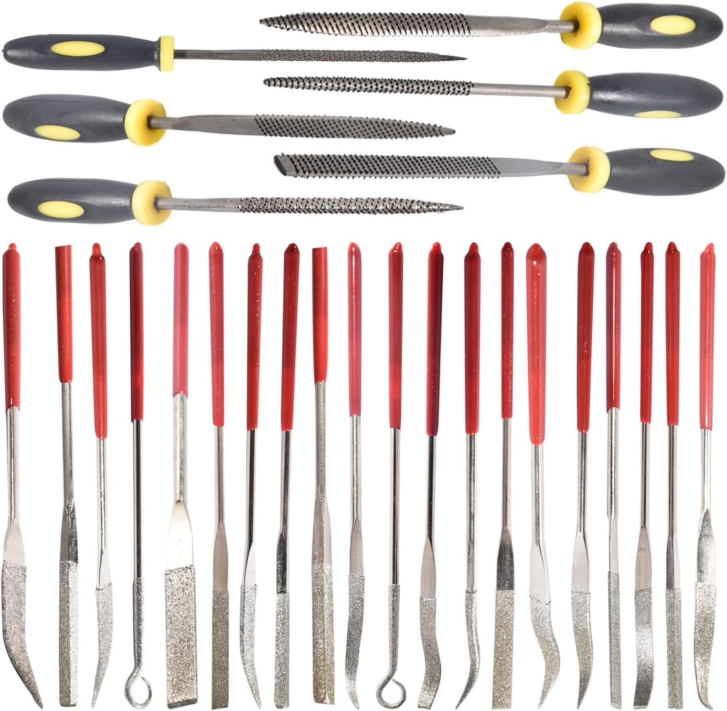 26Pcs Needle File Set, 6Pcs 140mm Wood Rasp Hand Metal File Tools + 10Pcs 140mm Mini Diamond Needle File Set + 10Pcs 140mm Mini Diamond Riffler Needle File Set for Metal, Wood, Plastic,Jewelry
