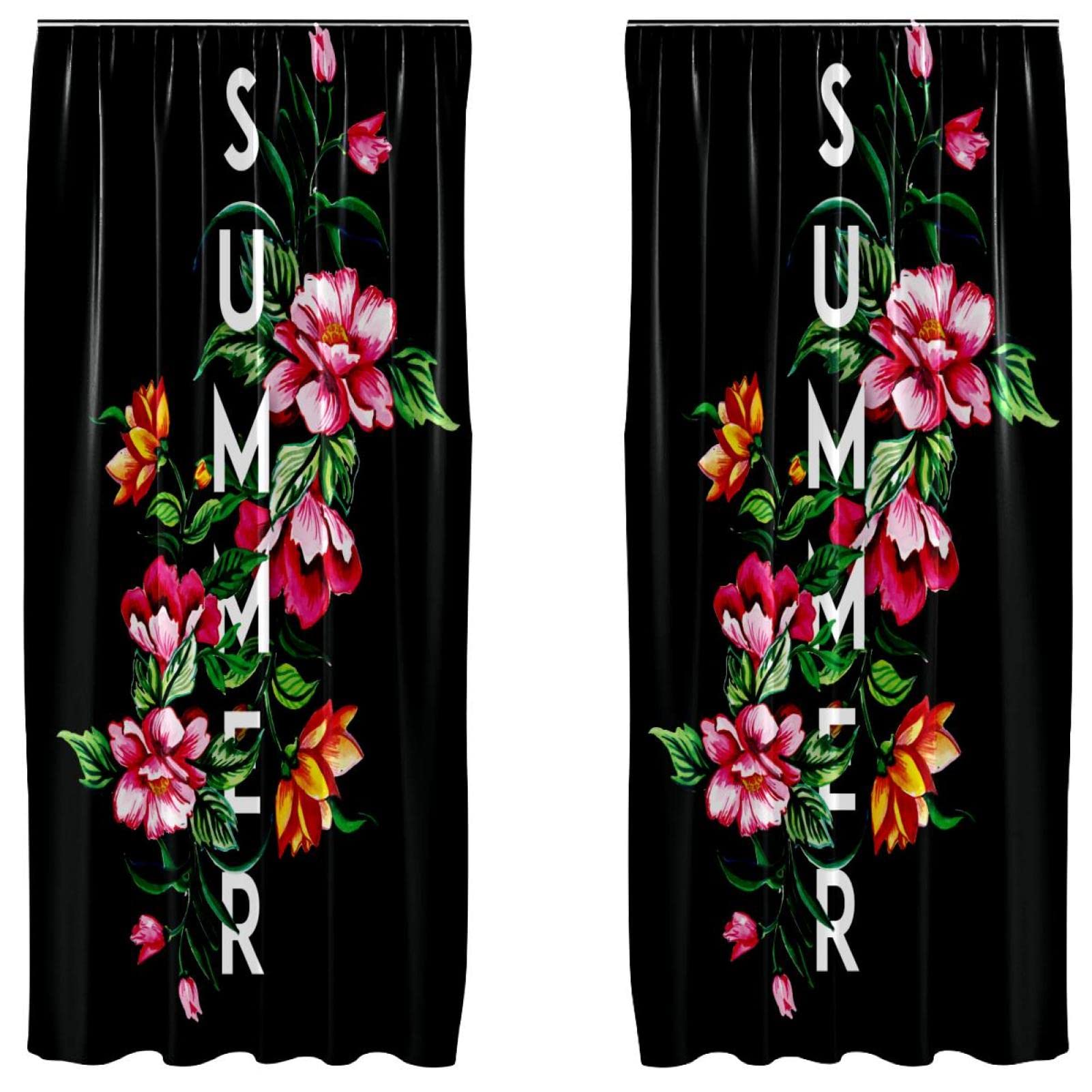 Décoration de fenêtre au motif floral d'été noir en lot de 2 rideaux