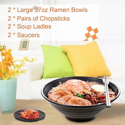 Miniatura 6 de Vivimee Juego de 2 tazones de ramen irrompible estilo japonés, 37 onzas, grandes cuencos y cucharas de melamina mate con palillos y platillos para