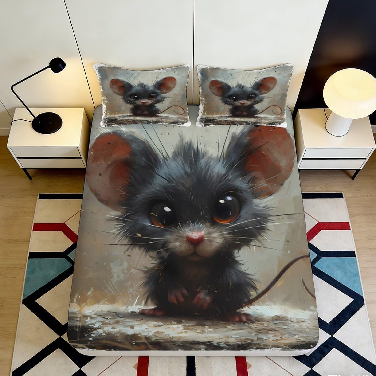3D Printed Cute Mouse Fitted Sheet Microfiber Soft Cartoon Animal Mattress Cover for Bedroom Dorm Bed Decor Easy Care 90x200x25cm