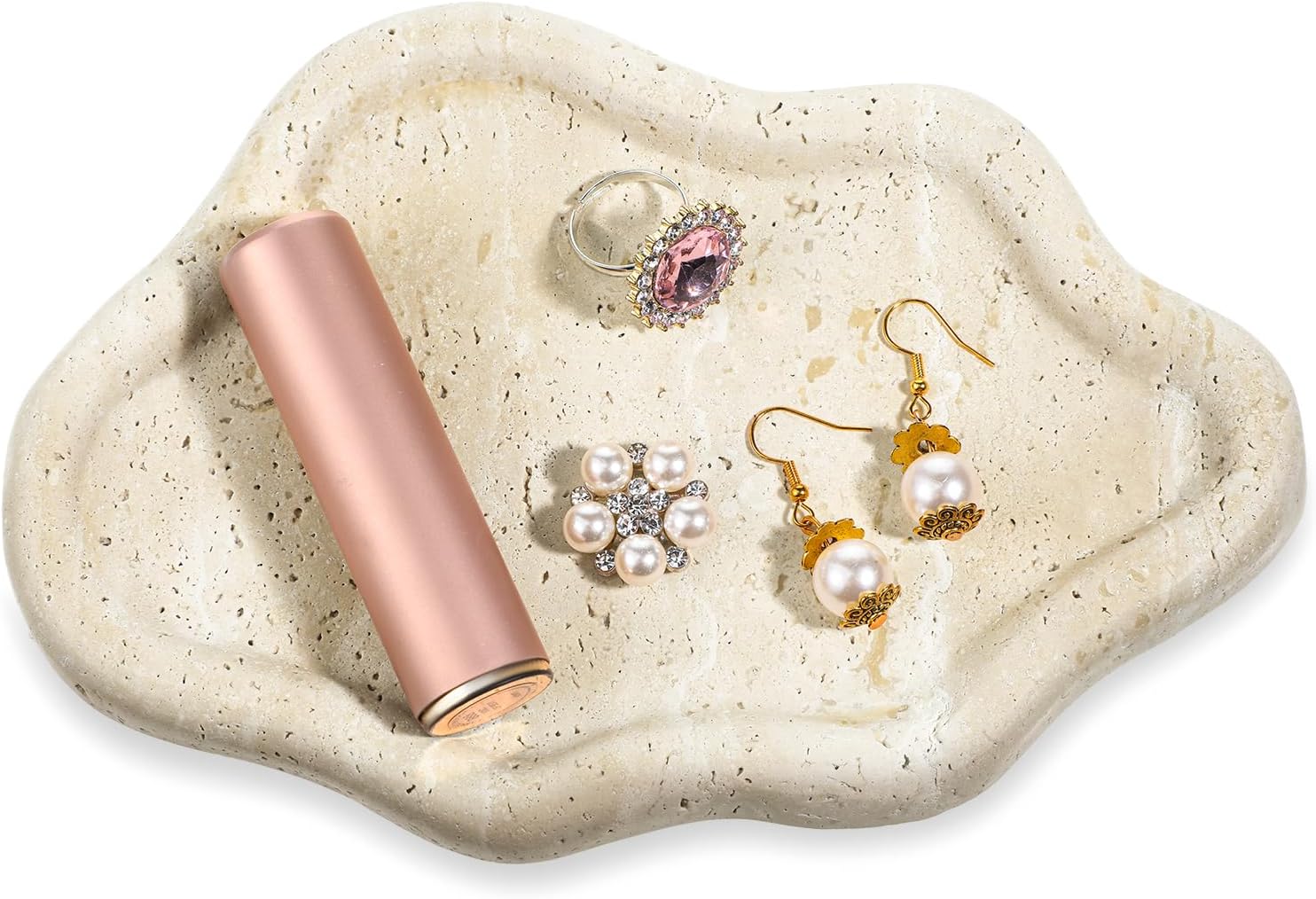 Natural Travertine Jewelry Dish, 7.6 x 5.3 x 0.6 Inch Cloud Shape Travertine Jewelry Tray Multipurpose Trinket Tray for Rings, Earrings, Bracelets, Hair Clips, Keys, Home Decor