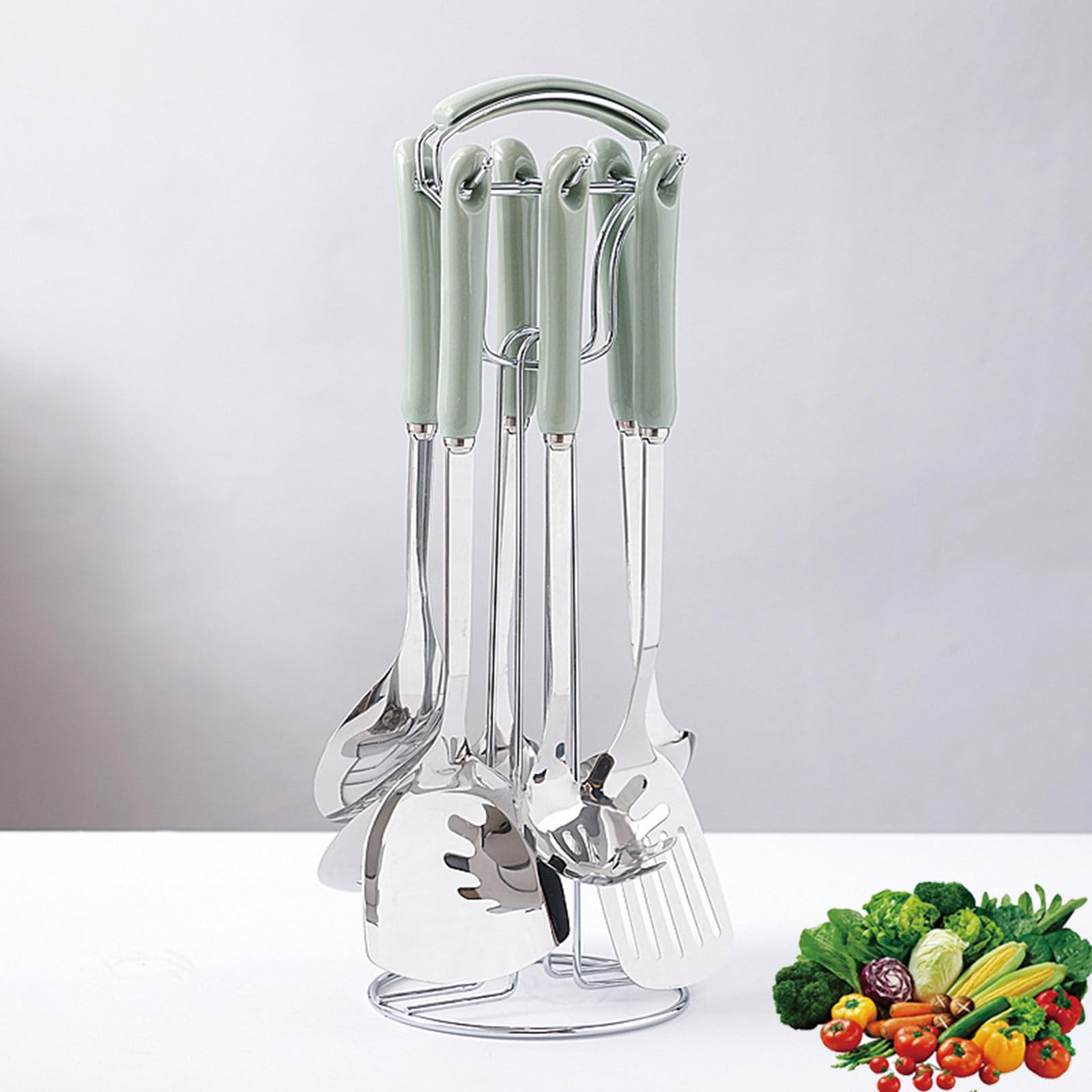 Set di 7 Utensili da Cucina in Acciaio Inox 201 con Supporto, Kit Comprensivo di Spatola E Mestolo con Manico in Ceramica Termoisolante per La Cucina Domestica Avocado-Green