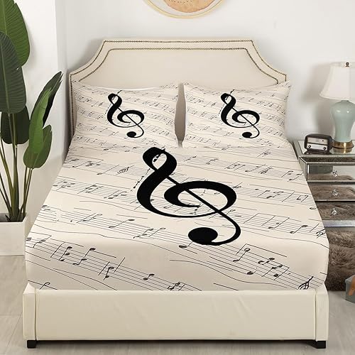 Miniatura 4 de Juego de sábanas con estampado de notas musicales para niños, juego de sábanas retro con temática musical para mujeres y hombres, sábanas
