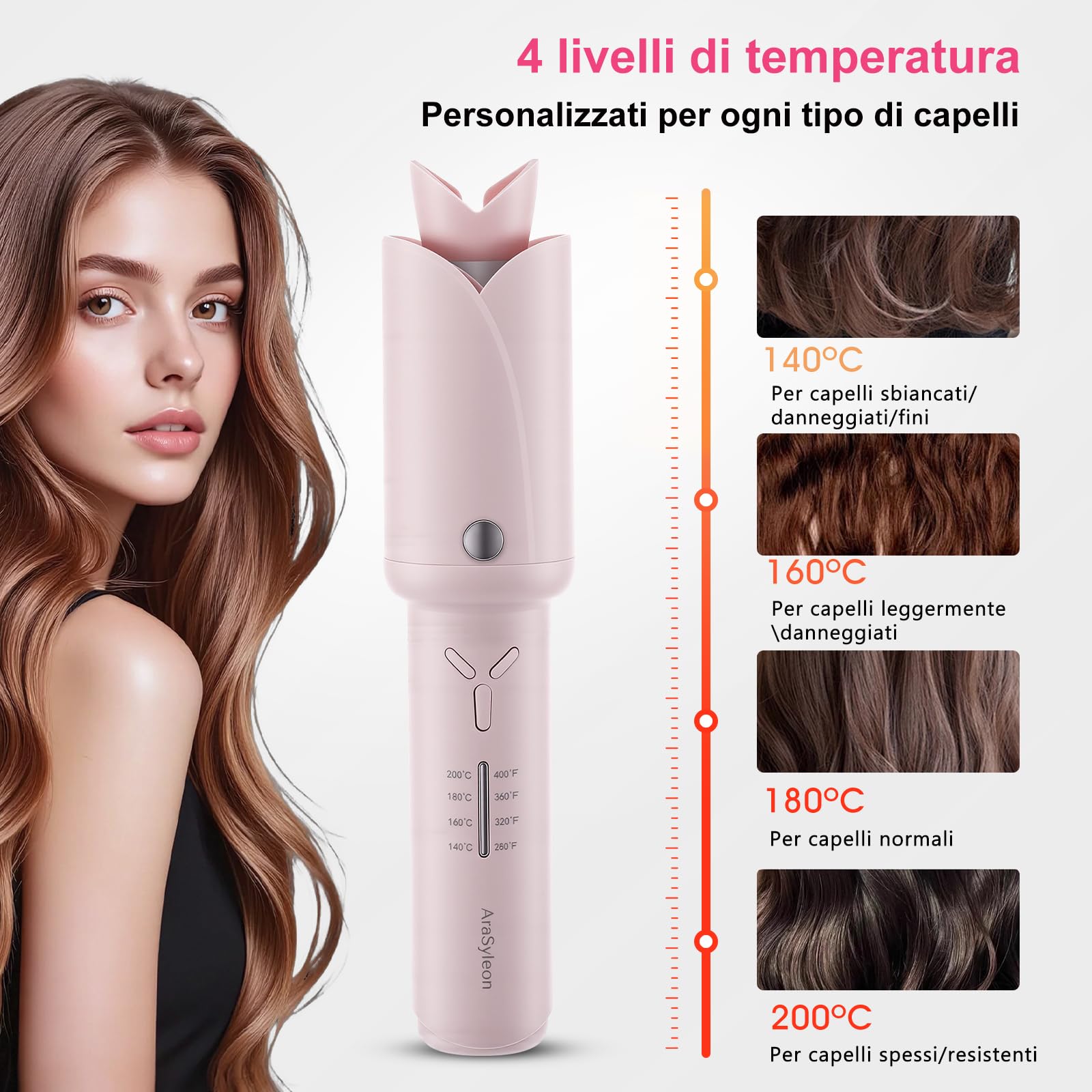 Arricciacapelli Automatico Senza Fili 32mm– Per Capelli Lunghi e Corti, Ceramica Tormalina, 2 * 2600mAh, USB-C, 4 Temperatura (140-200°C), 350g, Arricciacapelli Automatico da Viaggio