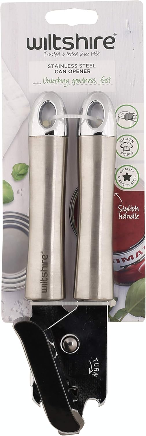 Wiltshire Can Opener, Industrial, Stainless Steel, Manual Tin Opener, with Built-in Bottle Opener, Kitchen Utensil, 9x27x5cm, Silver