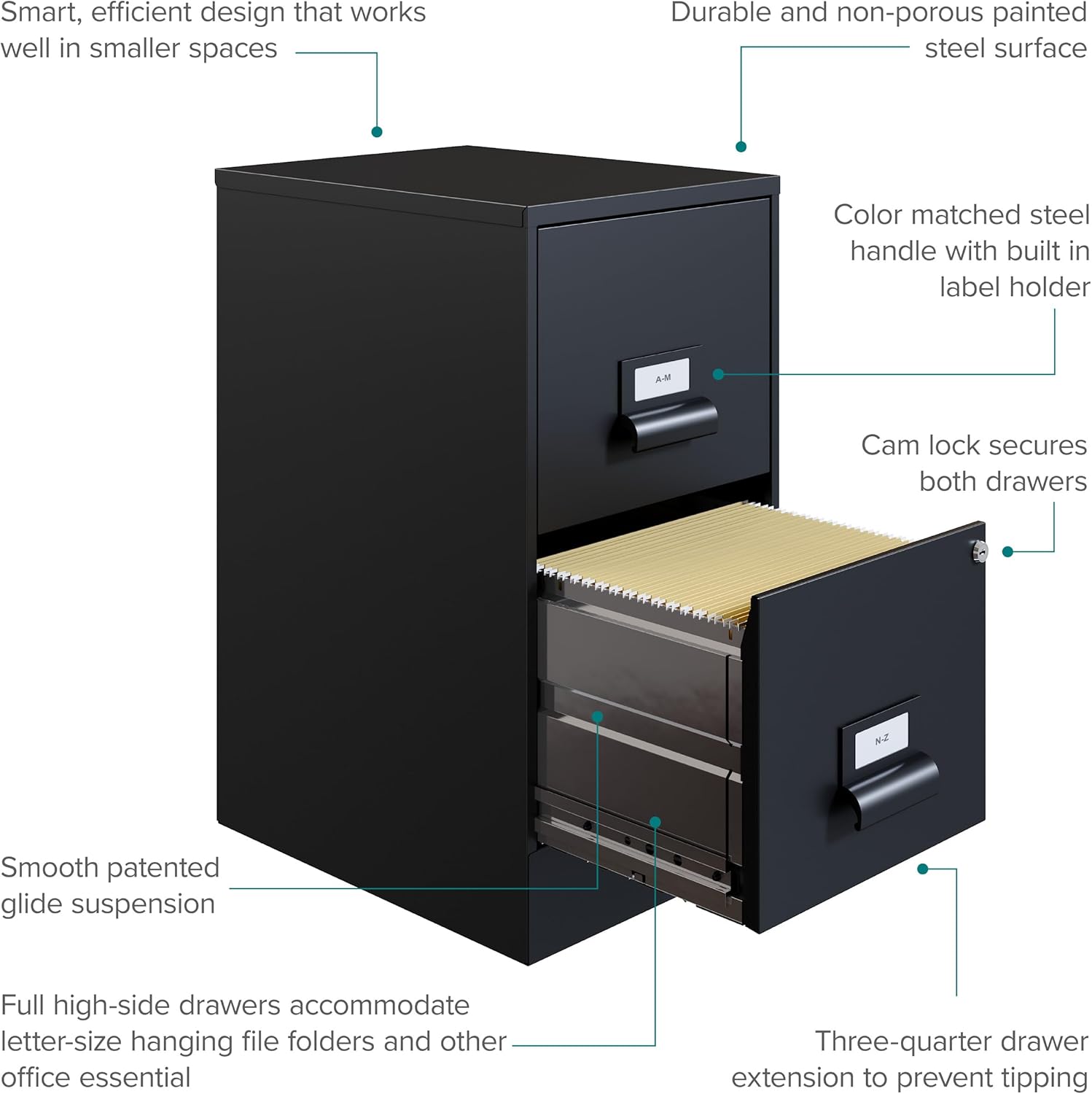 Office Dimensions 18" Deep 2 Drawer Premier Height File Cabinet, Black