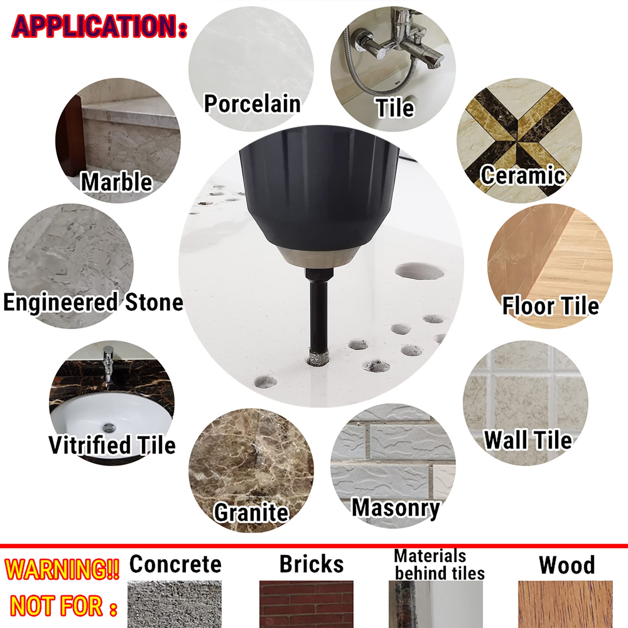NBB Wiertło diamentowe z sześciokątnym trzpieniem do wiercenia na sucho w twardej porcelanie, ceramice, płytkach, granicie, lepiej na mokro, do wiertarki przewodowej lub bezprzewodowej (4, 6/8/10/12 mm)