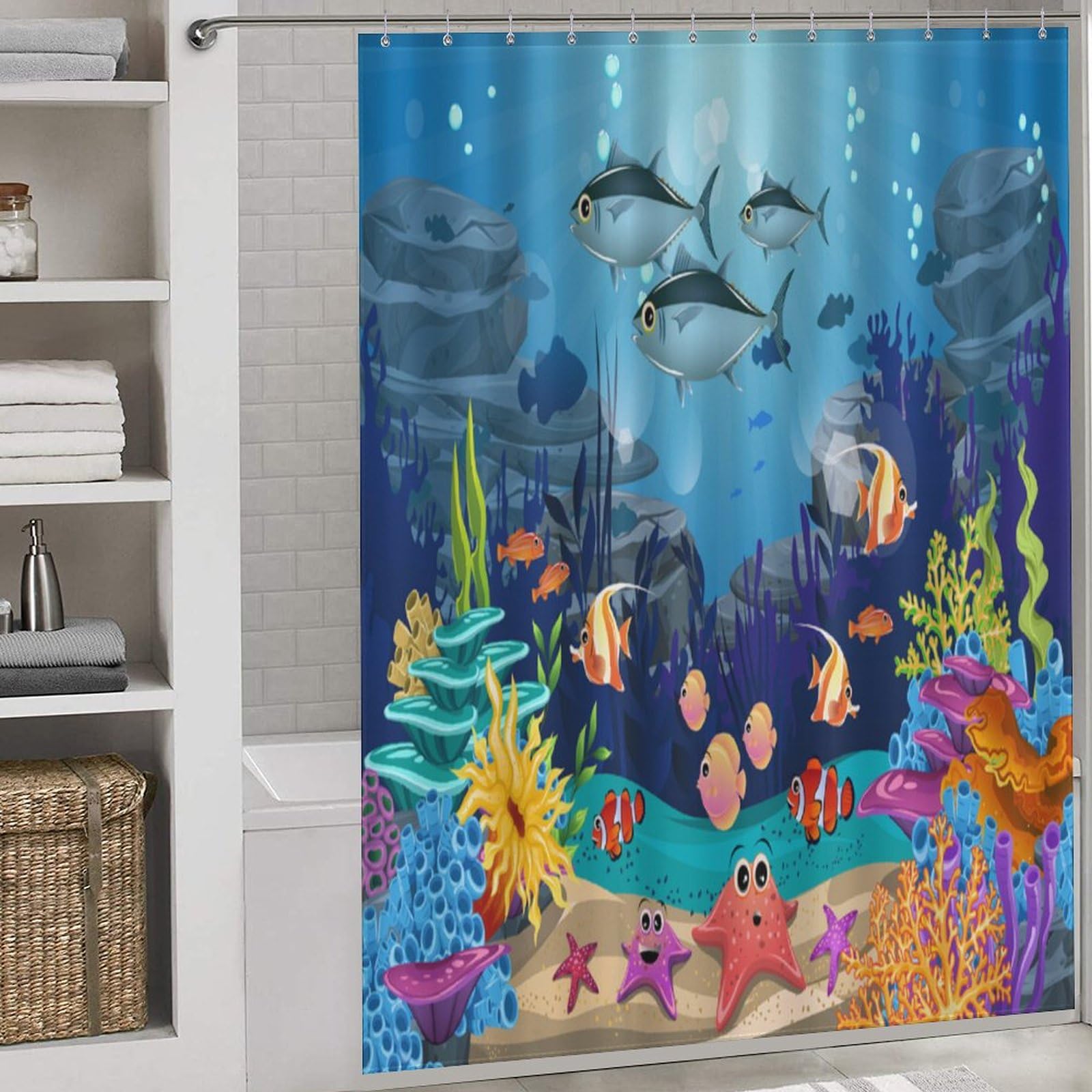 JADERYS Kids Shower Curtain Cartoon Underwater Ocean Nature Cute Sea Animals Starfish Coral Art Print Waterproof Bath Curtain for Bathroom Decor with 12 Hooks 66x72 Inch