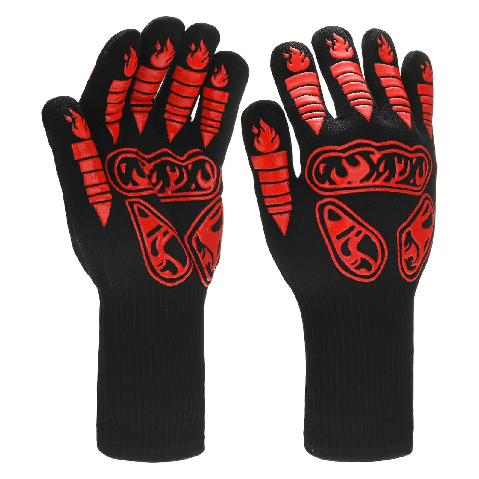 M METERXITY 1-Pair BBQ Gloves, 1472°F Heat Resistant Non-Slip Grilling Oven Gloves for Barbecue/Baking/Cooking [Torch Pattern, Red]