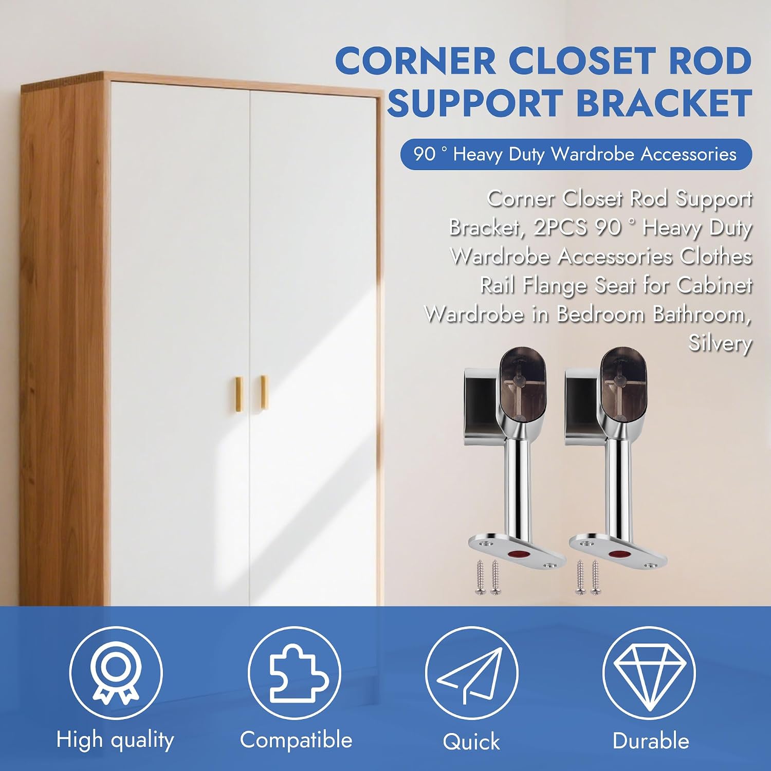 2PCS Oval 90° Clothes Rail Flange Seat, Space-Saving Corner Closet Rod Support Bracket, Heavy Duty Wardrobe Accessories for Cabinet Wardrobe in Bedroom Bathroom - Silver
