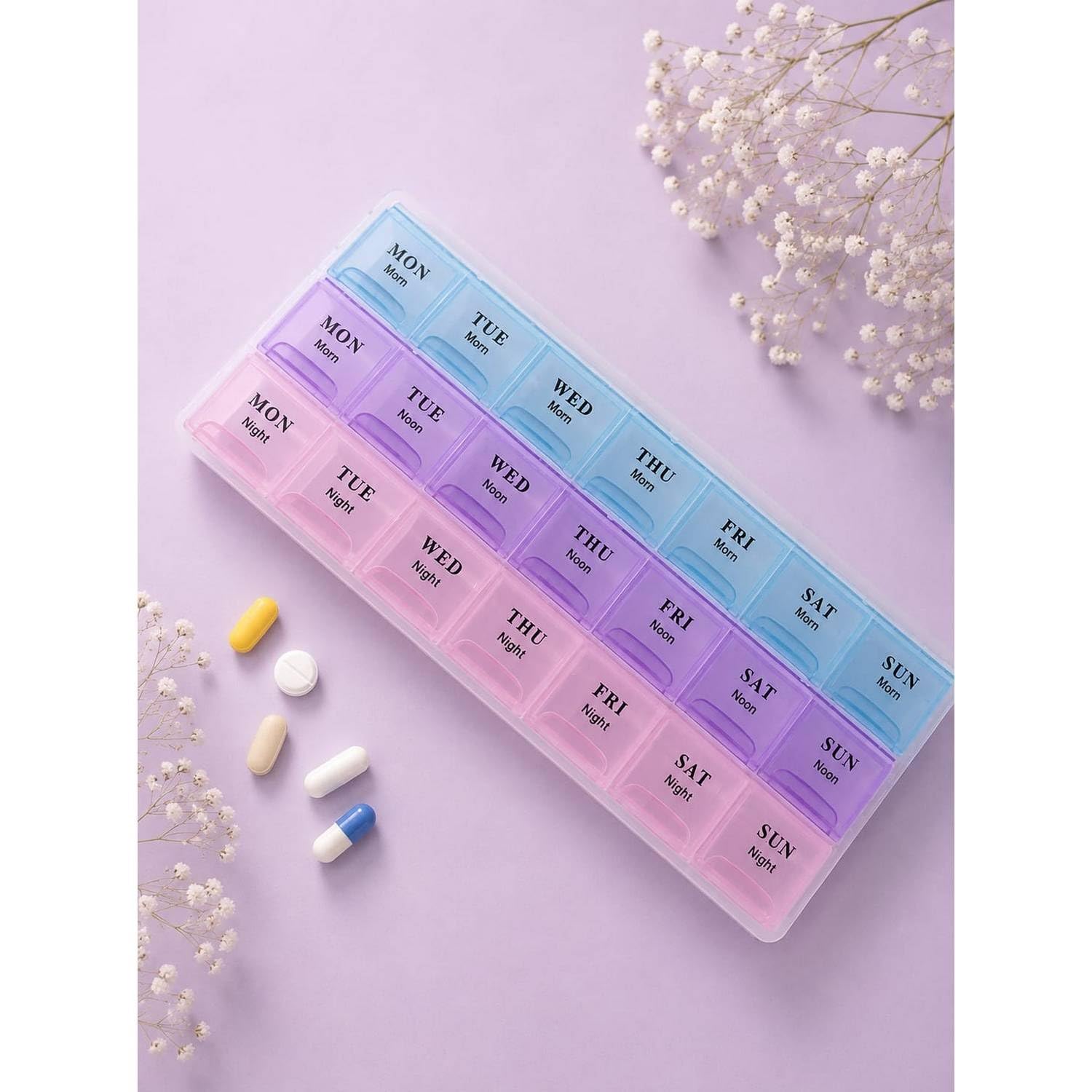 Pill Medicine Organizer Reminder Storage Box 21 Days or 3 Weeks Plastic Portable Travel Dispenser Case - Daily Vitamins Supplements Medication Weekly Planner Container Compartments-image-41