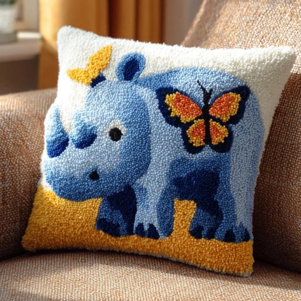 WallustrioaW Latch Hook Pillow Kit -Rhinoceros and Butterfly 43X43Cm Embroidery Art Craft Kit All Ages Unisex