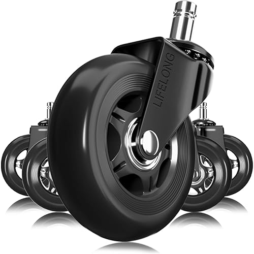 Office Chair Wheels Replacement Rubber Chair Casters for Hardwood Floors and Carpet, Set of 5, Stem Casters, Heavy Duty Office Chair Desk Casters for Chairs to Replace Office Chair Mats - (Black)