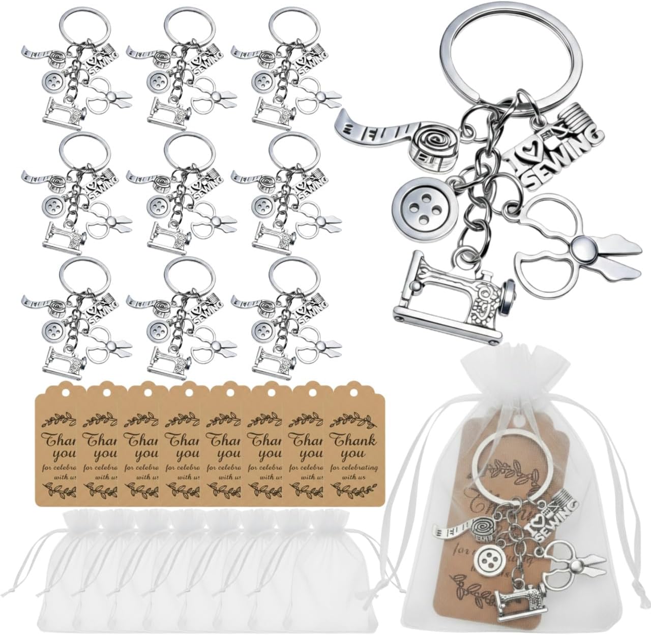 20 Pack Mini Sewing Machine Keychain Gift Set, Includes Thank You Tags and Organza Bags, Vintage Charms for Seamstress, Tailors, Quilters and Sewing Teachers, Bulk Gifts for Craft Lovers
