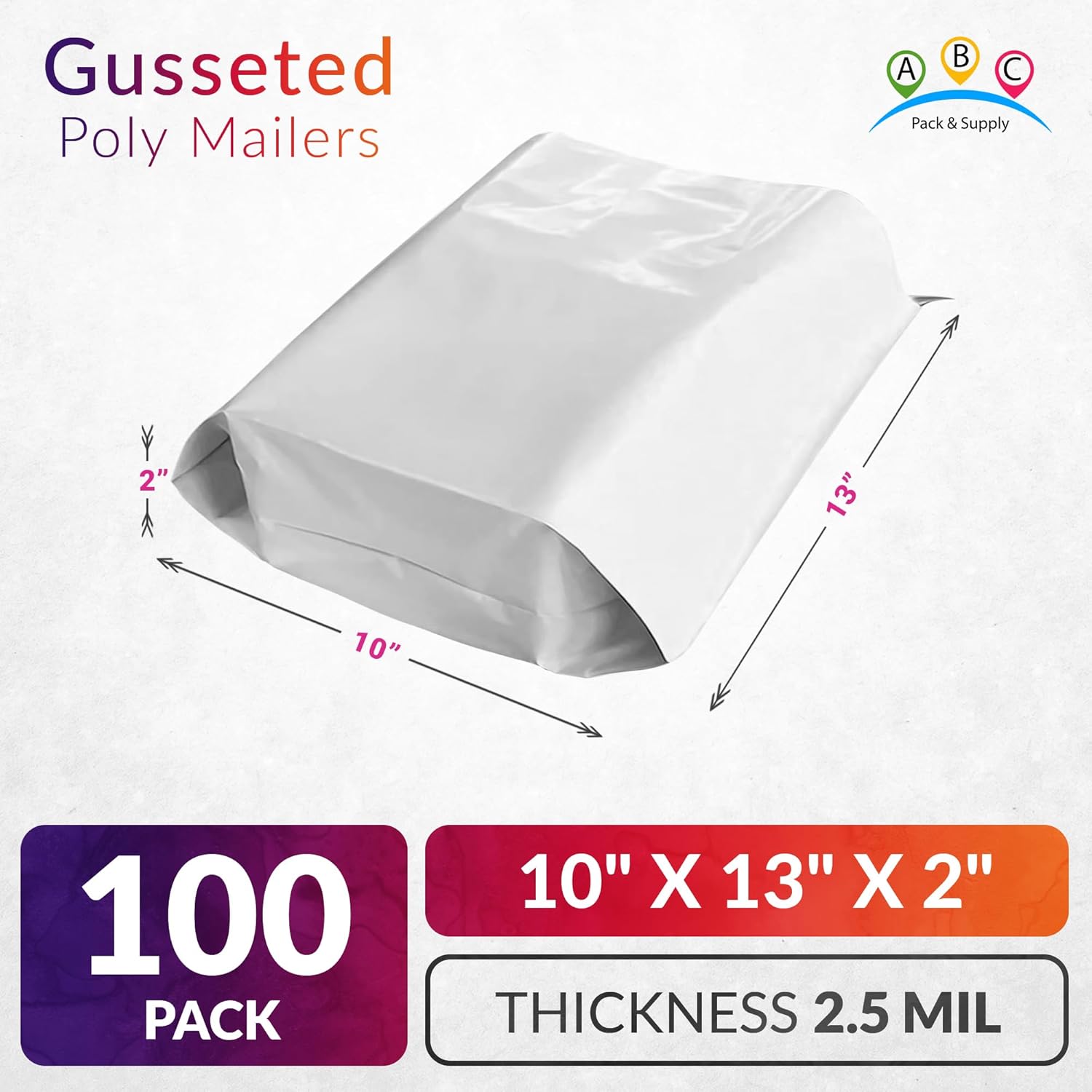 ABC PACK & SUPPLY Gusseted Poly Mailers, 10 x 13 x 2 Inch, 2.5 Mil White Shipping Bags for Clothing, Self Seal Plastic Mailing Envelopes, Pack of 100