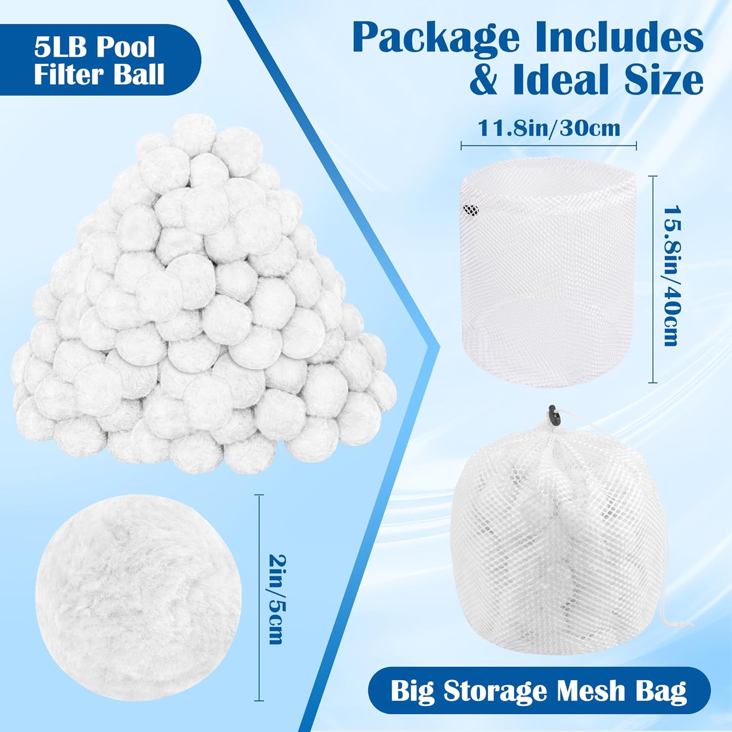 5 lbs Pool Filter Balls, Reusable Pool Efficient Blue Sand Filter Balls Wash Bag, for Swimming Pool Aquarium Tank Above Ground Pool (White)