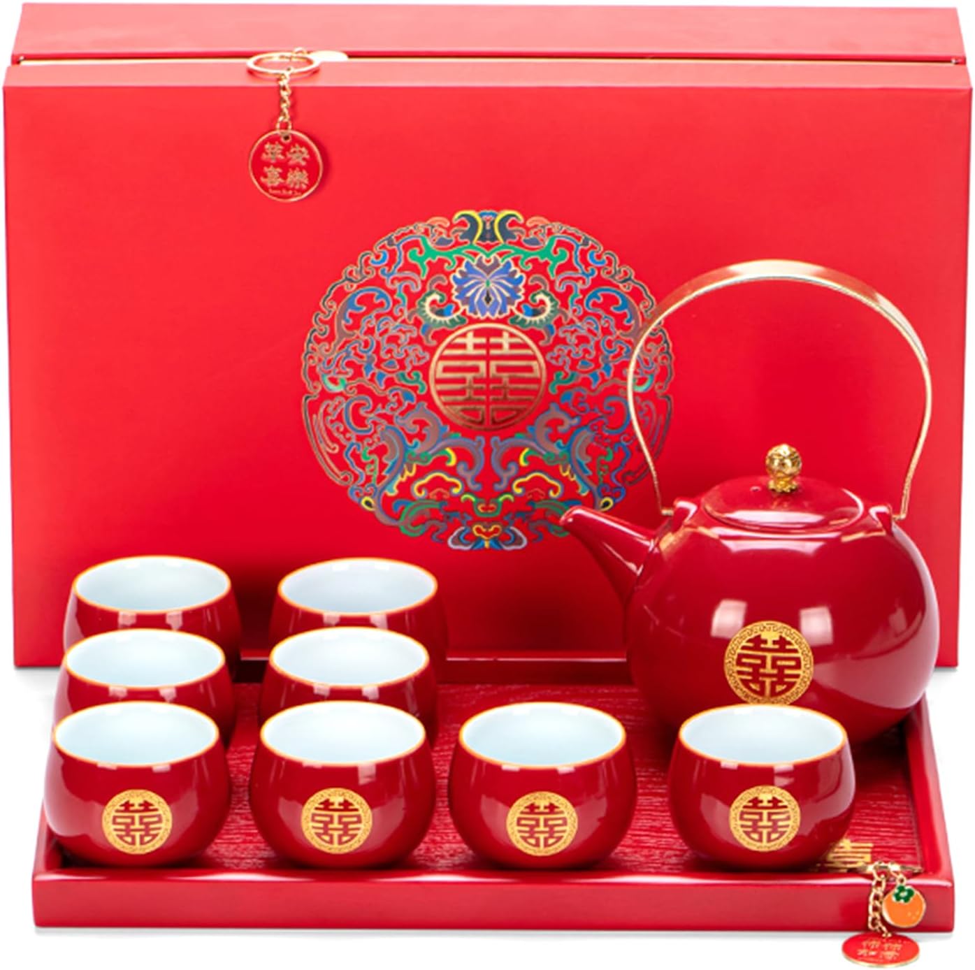 Chinese Traditional Wedding Tea Set，Red Ceramic Double Happiness KungFu Tea Set 1 Teapot 8 Teacups 1 Square Tea Tray 1 Gift box For Married Couples To Toast Engagement Dowry
